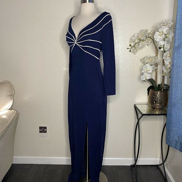 Vtg TADASHI Blue Formal Evening Long Sleeve Gown front slit S. - Picture 4 of 7
